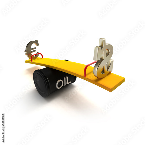 Euro and dollar signs on a seesaw of oil barrel