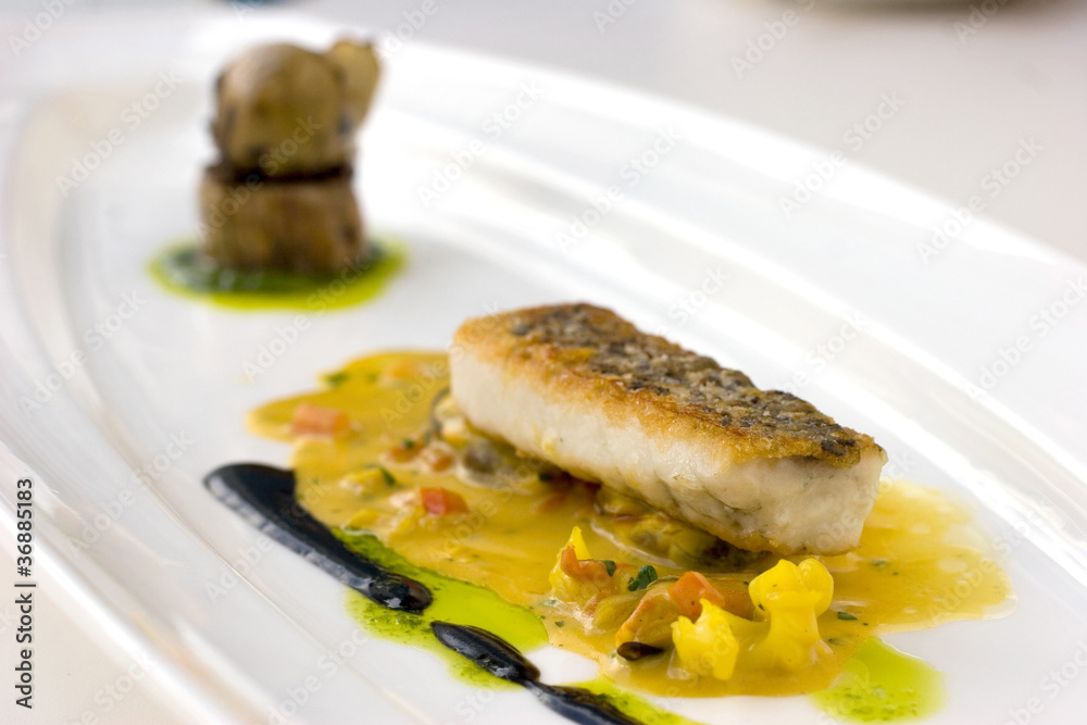 Pan seared, crsipy skinned cod molecular cuisine Pan seared, crsipy skinned cod molecular cuisine