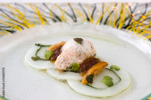 Molecular cuisine seafood with crab, urchin, squid and scallop