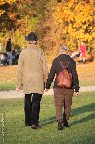 Goldener Herbst, goldene Jahre: altes Paar Hand in Hand