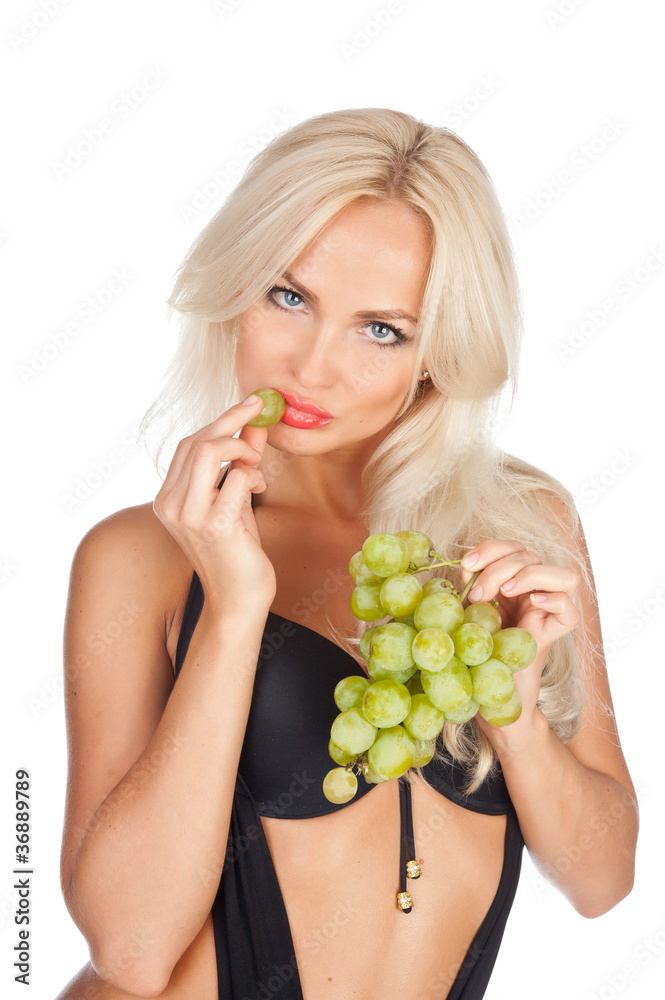blonde in sexy black bathing suit eating grapes blonde in sexy black bathing suit eating grapes