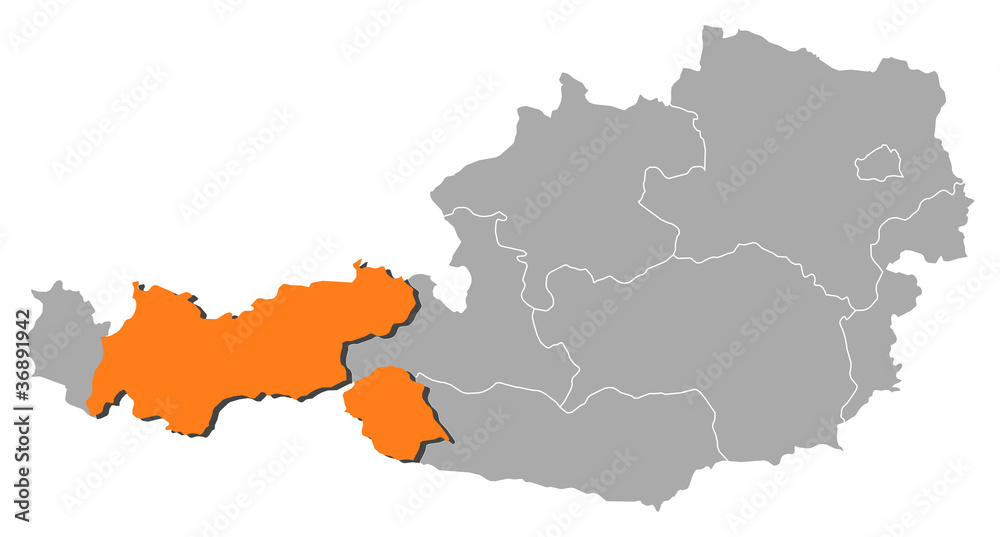 Fototapeta premium Map of Austria, Tyrol highlighted