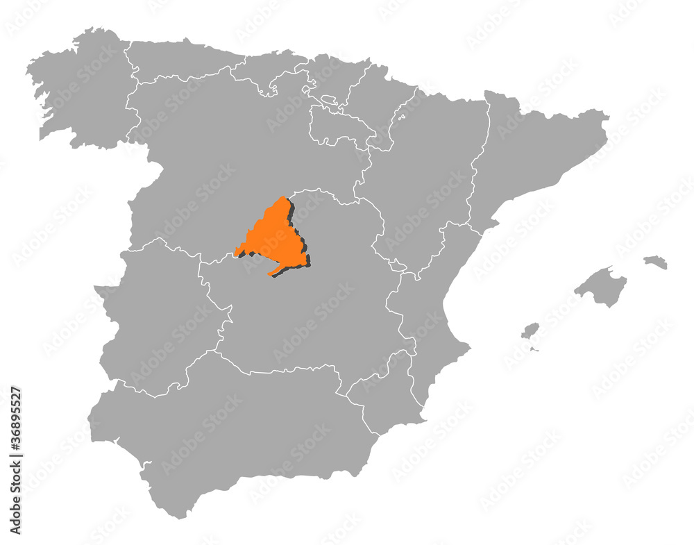 Fototapeta premium Map of Spain, Madrid highlighted