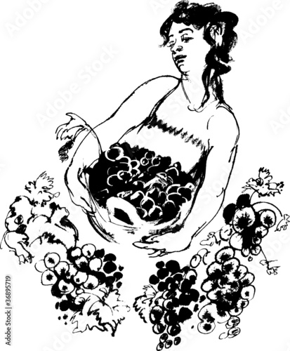 She holds a basket of grapes, monochrome picture