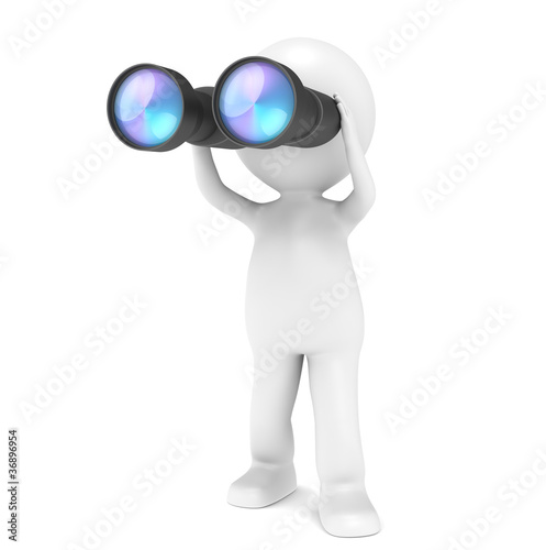 3D little human character with a pair of Binoculars.