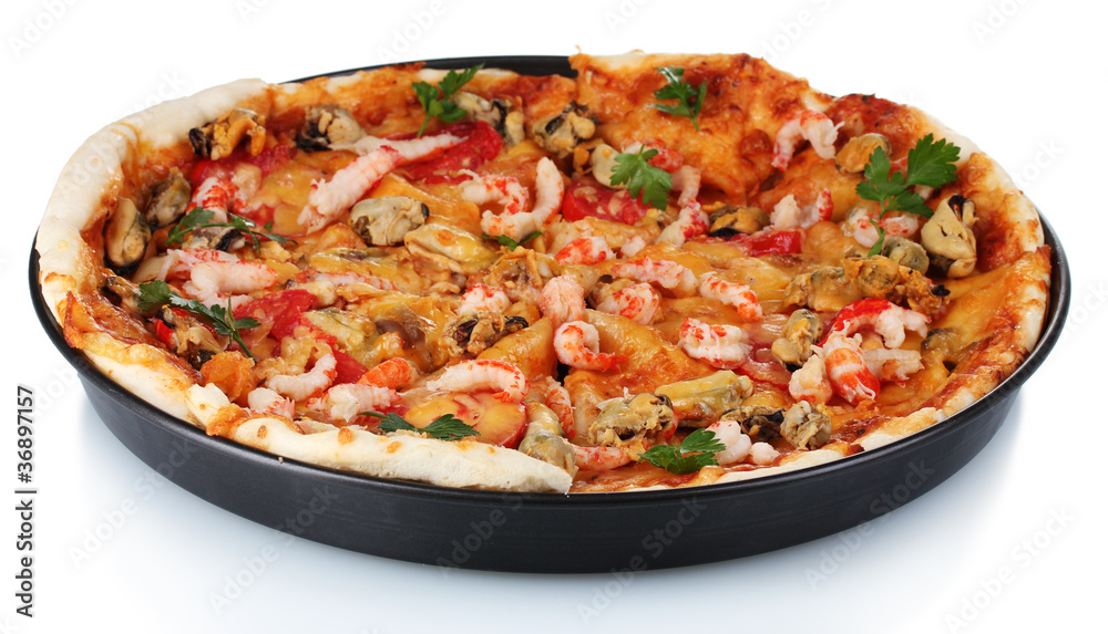 Delicious pizza with seafood on plate isolated on white Delicious pizza with seafood on plate isolated on white