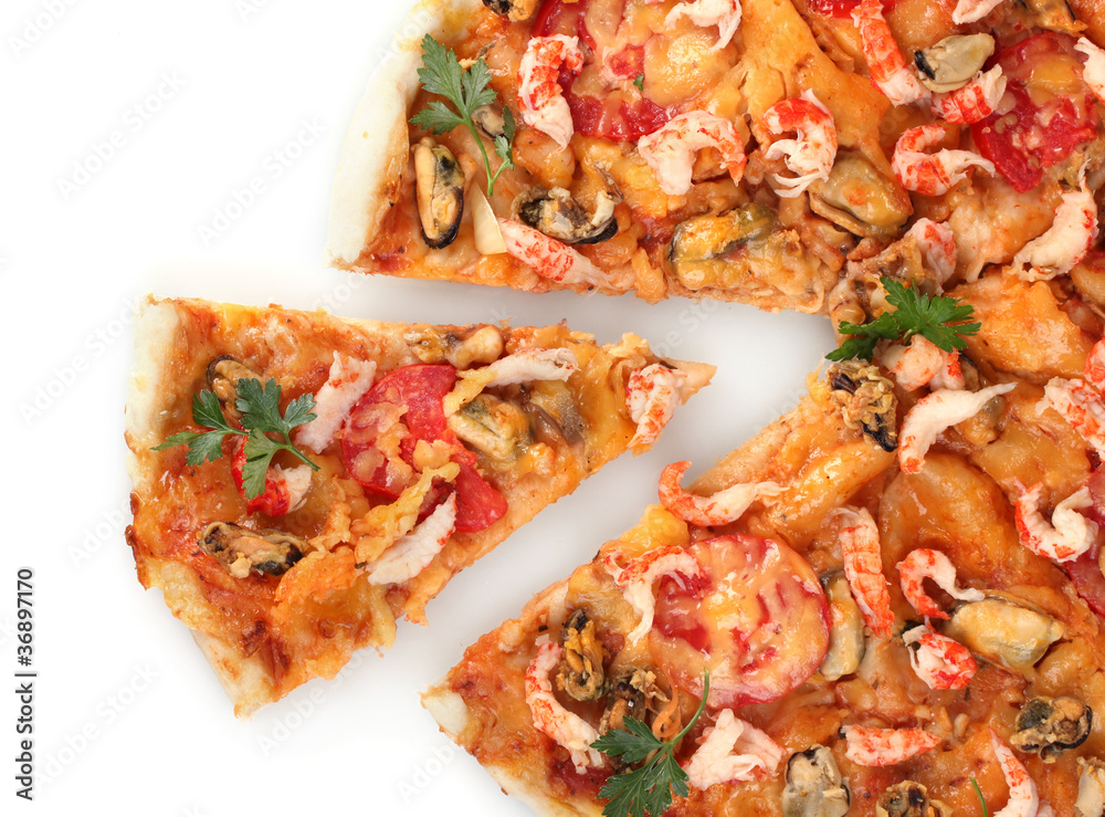 Delicious pizza with seafood isolated on white Delicious pizza with seafood isolated on white
