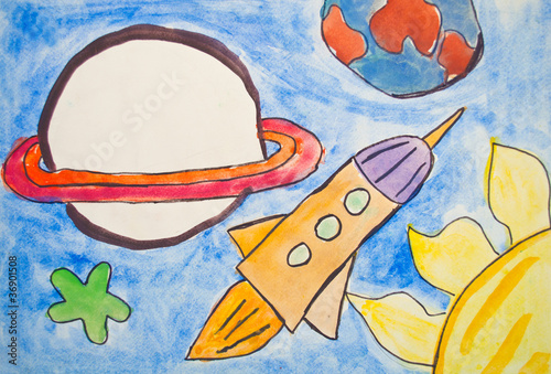 Kid's painting of universe with planets and stars