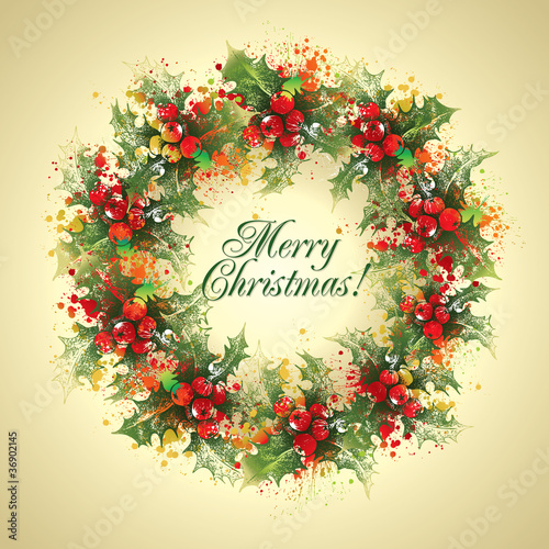 Christmas card. The holly wreath on a beige background. Vector