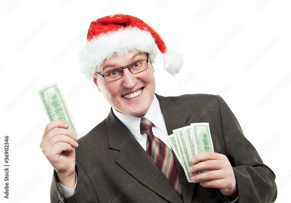 Happy business man in red hat with dollar money Happy business man in red hat with dollar money