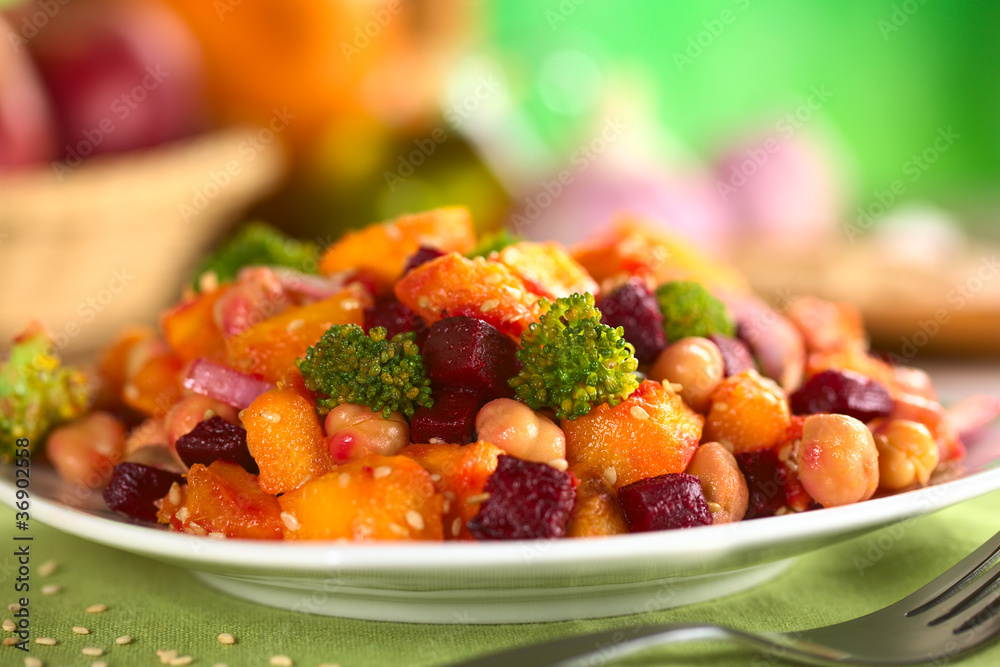 Pumpkin, beetroot, broccoli and chickpea salad