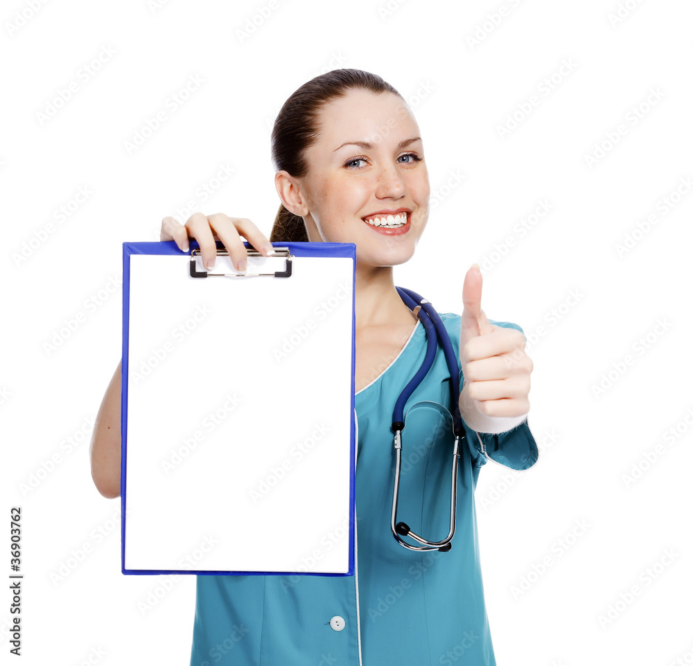 Pretty nurse showing clipboard with white paper sheet Pretty nurse showing clipboard with white paper sheet