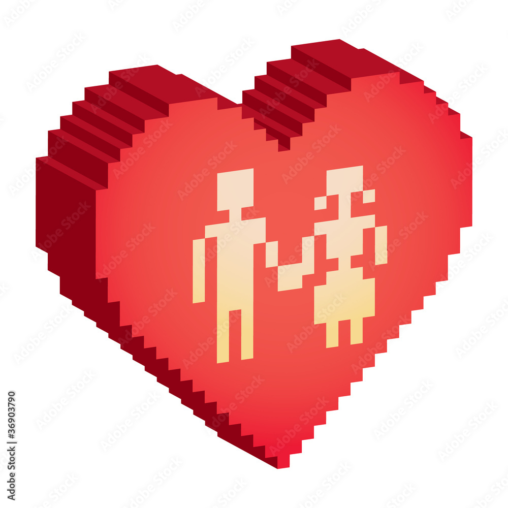 3D couple in pixel heart - isolated illustration