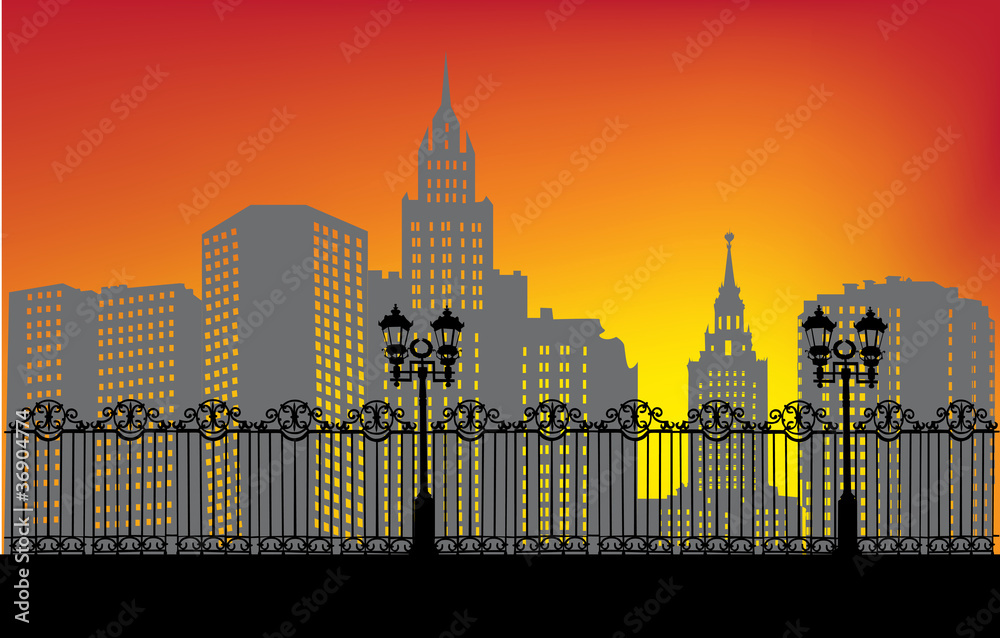sunset town landscape with fence