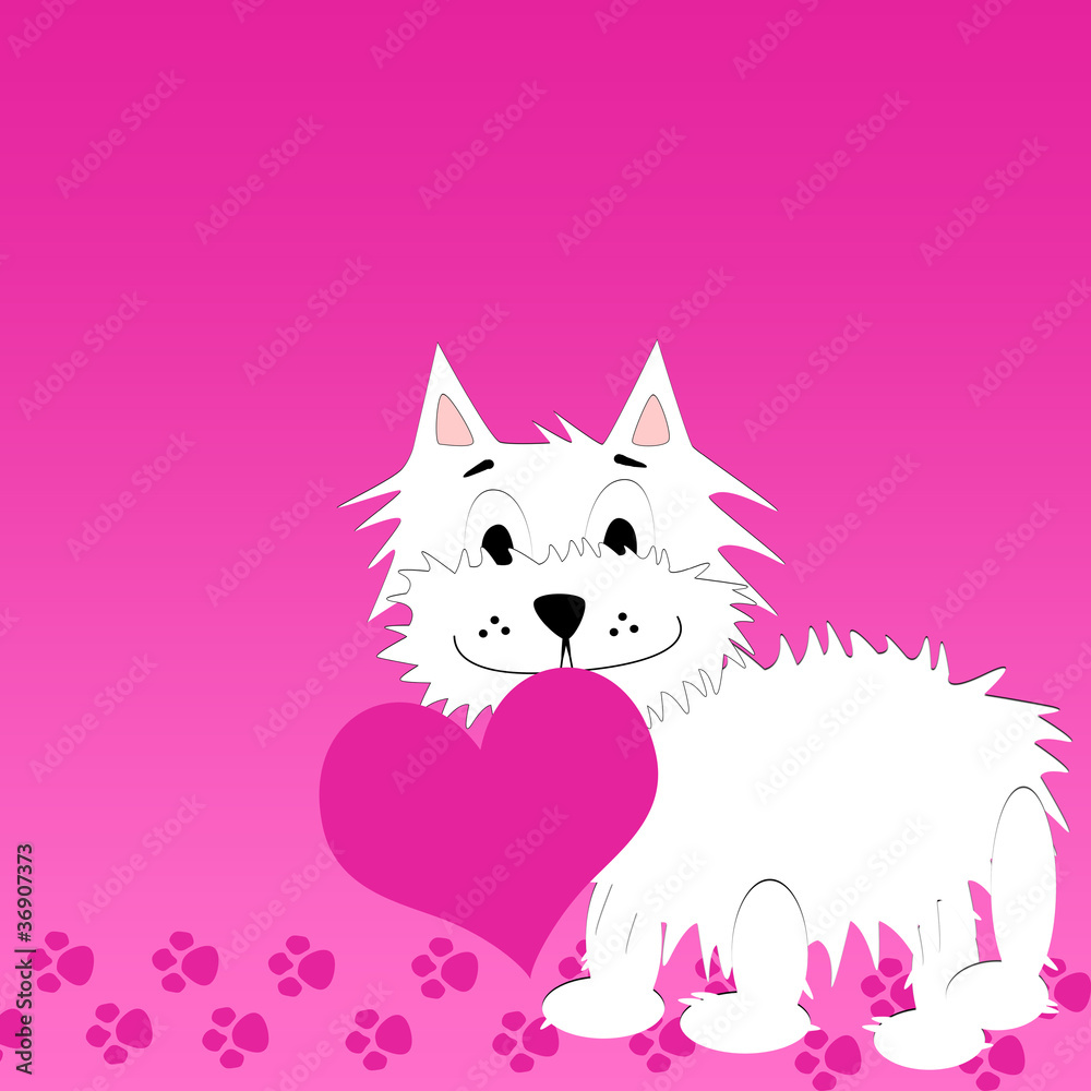 Love background with  cute puppy holding a heart