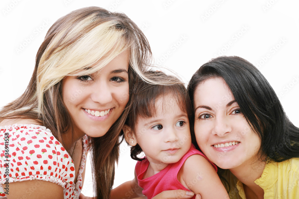 Happy portrait of beautiful young mother with two daughter looki Happy portrait of beautiful young mother with two daughter looki