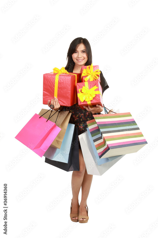 asian Woman with Shopping Bags and Box asian Woman with Shopping Bags and Box