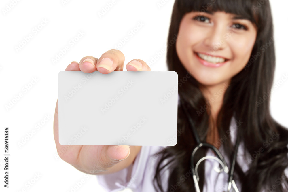 young medical doctor woman showing business card young medical doctor woman showing business card