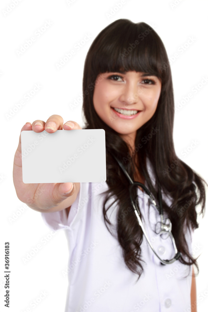 young medical doctor woman showing business card young medical doctor woman showing business card