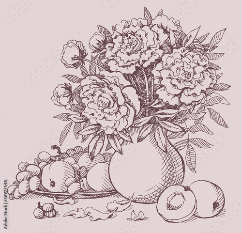 Vector Still Life of lush peonies, grapes and peaches