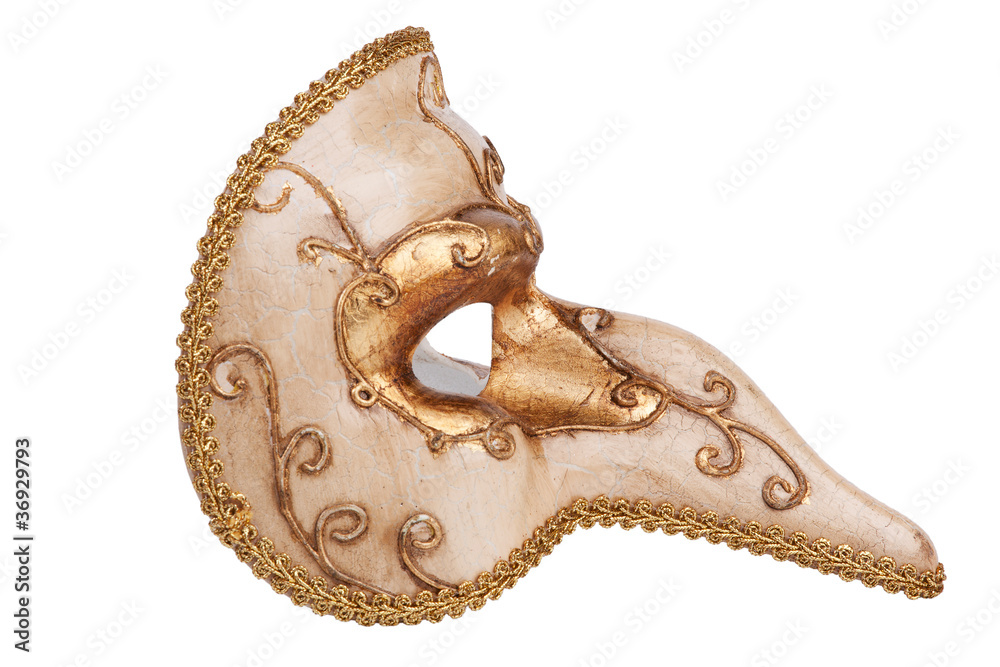 Nosed golden carnival mask on white background Nosed golden carnival mask on white background