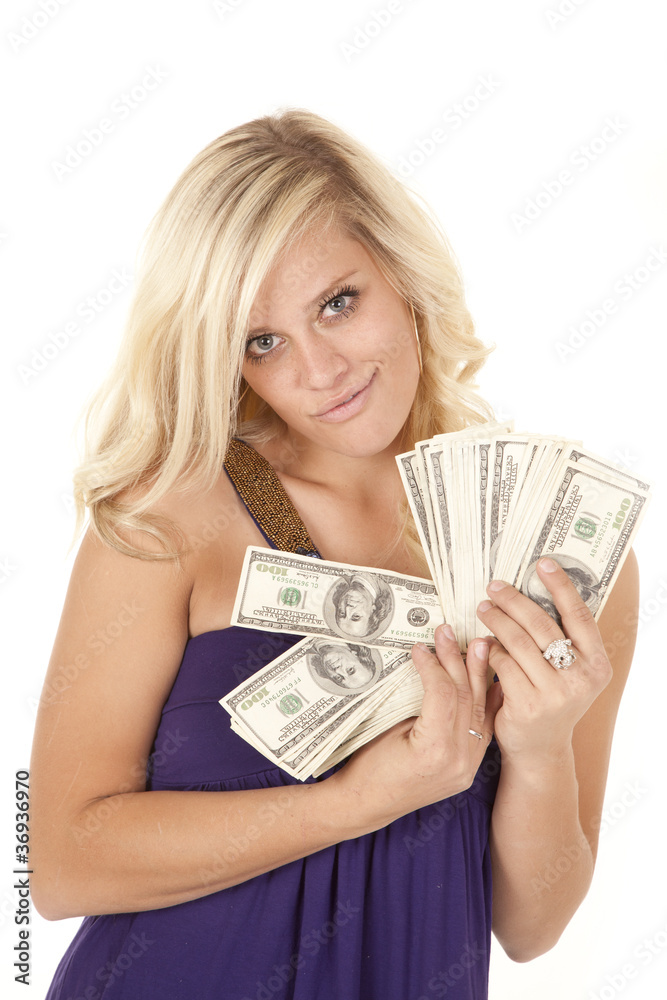 woman purple handful of money woman purple handful of money