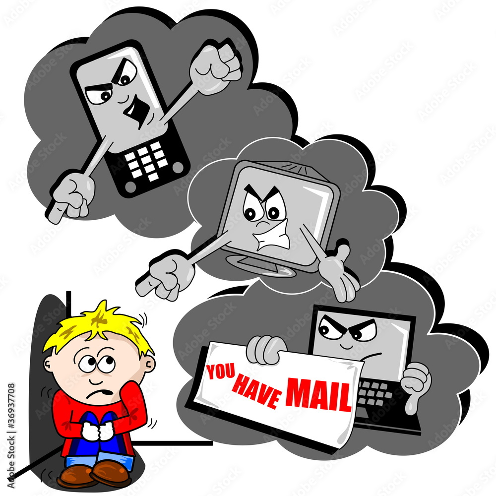 Cyber bullying cartoon with scared child mobile phone and PC Stock Vector |  Adobe Stock