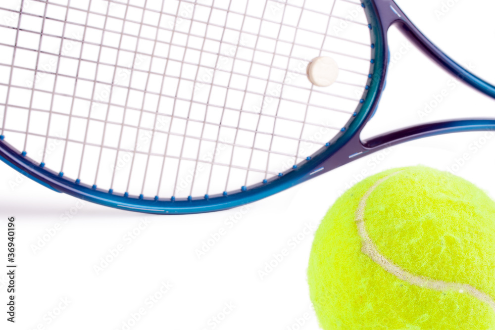 Tennis ball and racket, white background