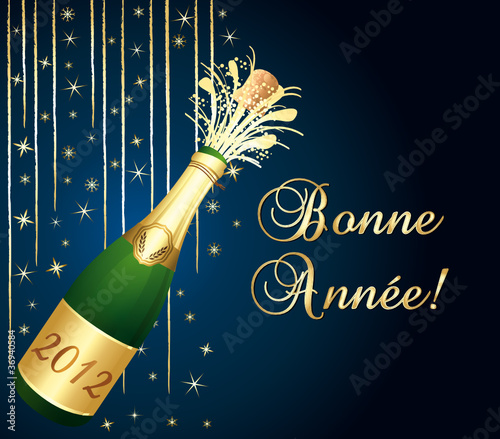 Bonne année 2012 ! Carte de voeux bleue et or.