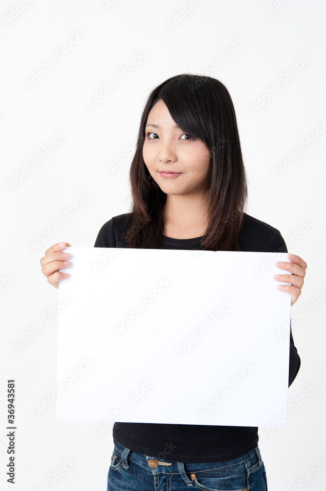 pretty asian woman with blank whiteboard pretty asian woman with blank whiteboard