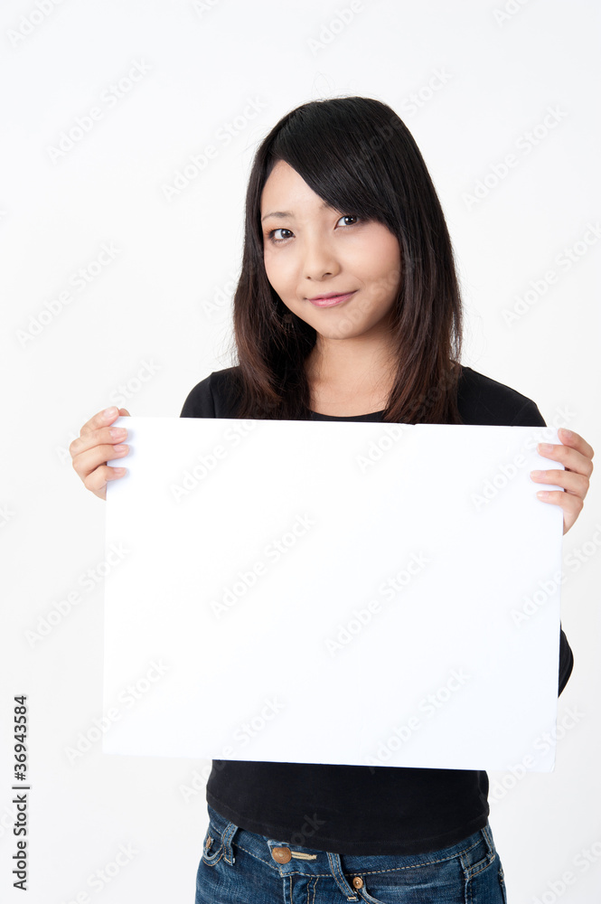 pretty asian woman with blank whiteboard pretty asian woman with blank whiteboard