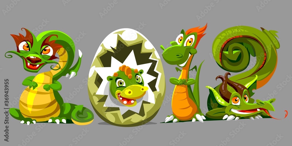 Naklejka premium four funny dragon - the symbol of the new year 2012