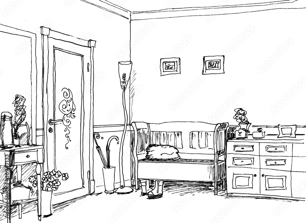 Fototapeta premium Graphical sketch of an interior vestibule, hall, liner
