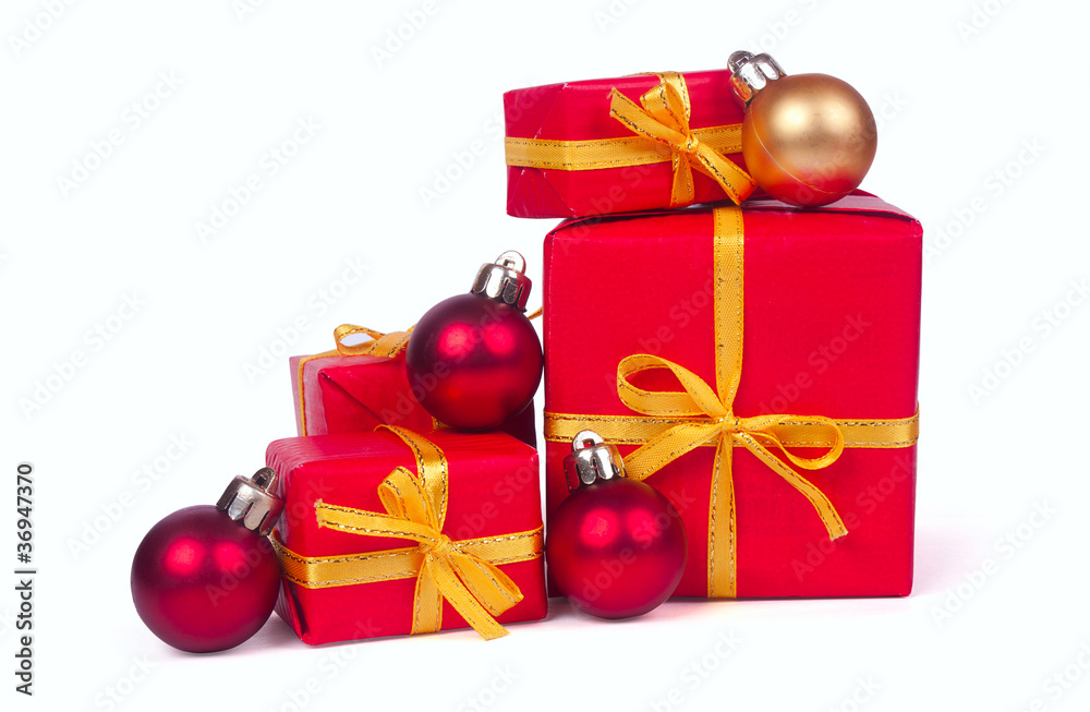 Christmas gifts with red and golden balls Christmas gifts with red and golden balls