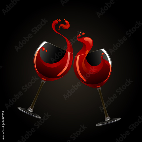 Two glasses of red wine with splash over black background