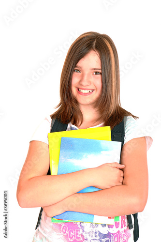 Mädchen mit Ranzen und Schulbüchern