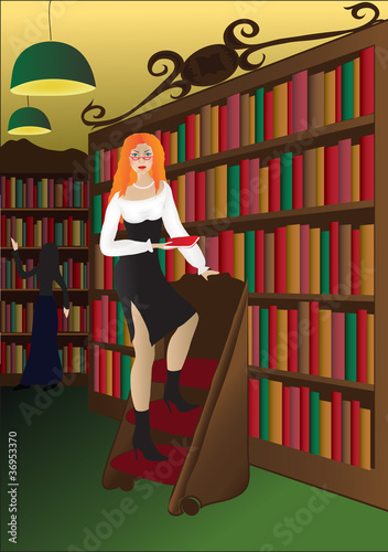 Pretty female librarian at work in front of bookshelf