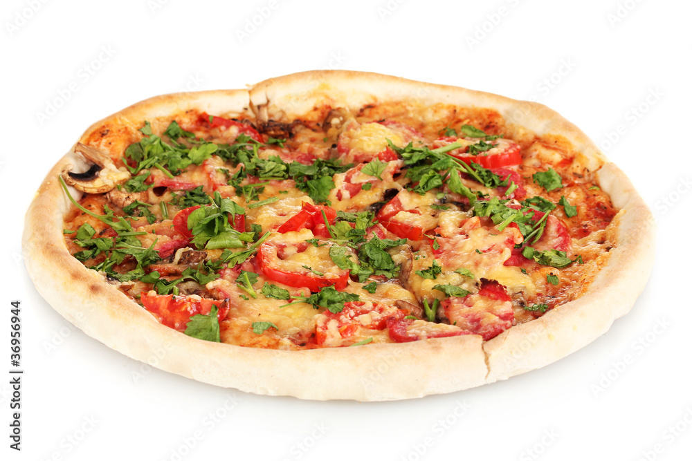 delicious pizza with sausage and vegetables isolated on white