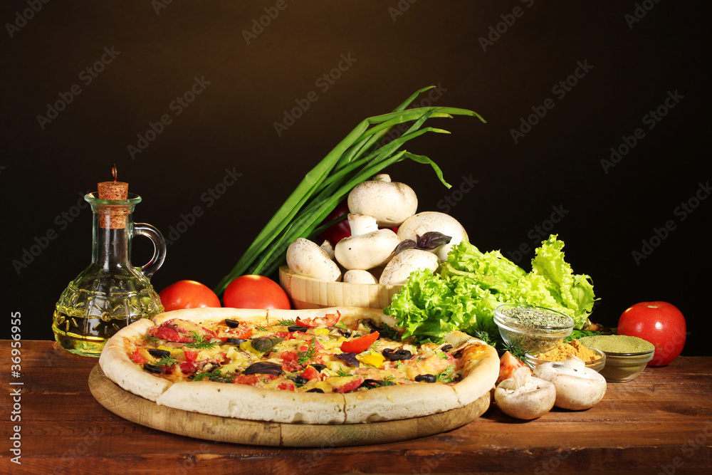 delicious pizza, vegetables and spices delicious pizza, vegetables and spices