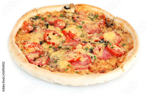 delicious pizza with sausage and vegetables isolated on white