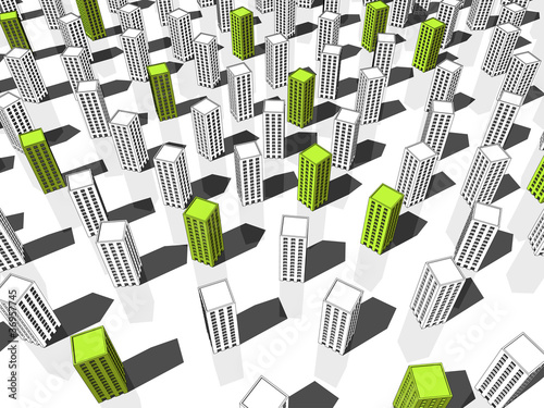 Green and grey buildings