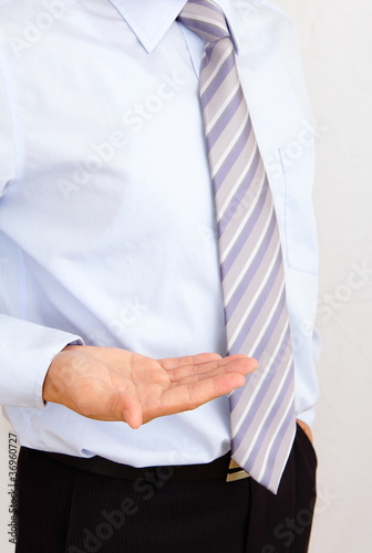 young business man holding hand presenting a product.