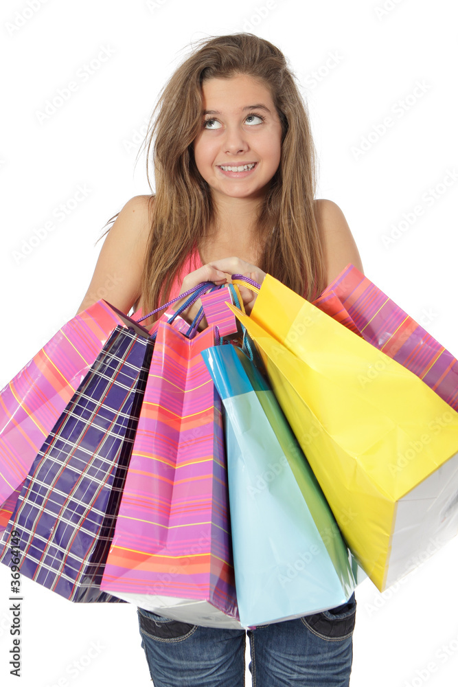 Jeune fille avec des sacs de couleur Jeune fille avec des sacs de couleur
