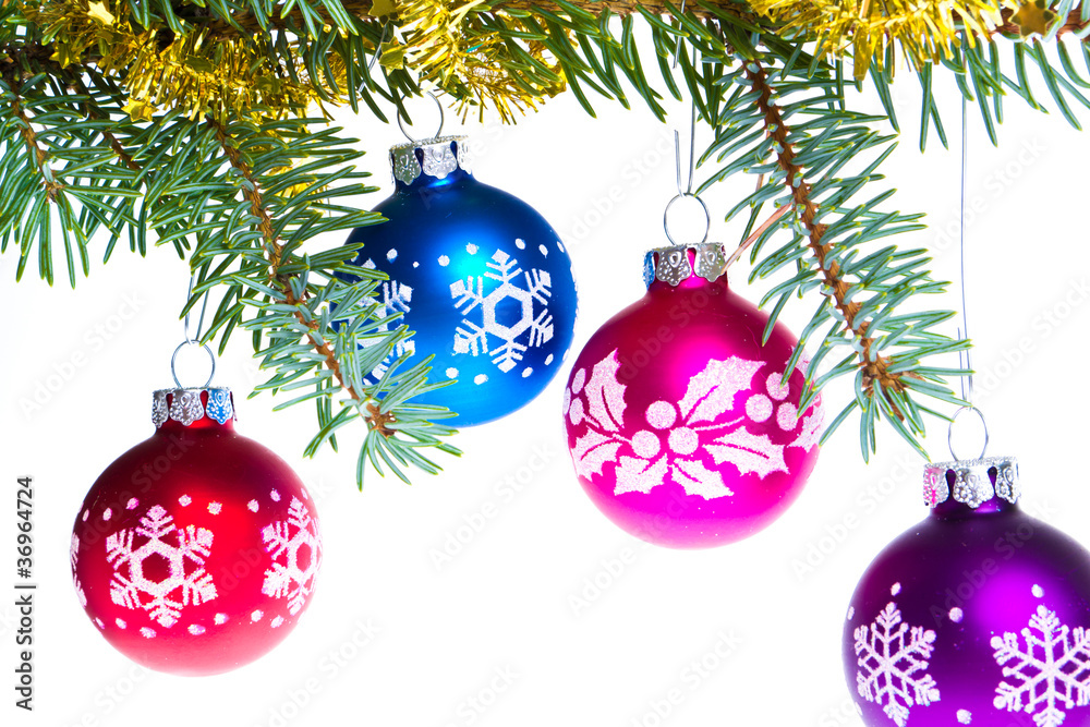 christmas balls on spruce branch christmas balls on spruce branch