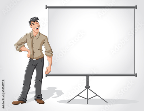 Young man and white billboard with empty space