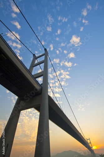 Tsing Ma Bridge in Hong Kong at sunset time