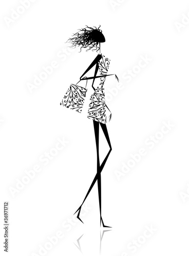 Fashion girl silhouette with shopping bag