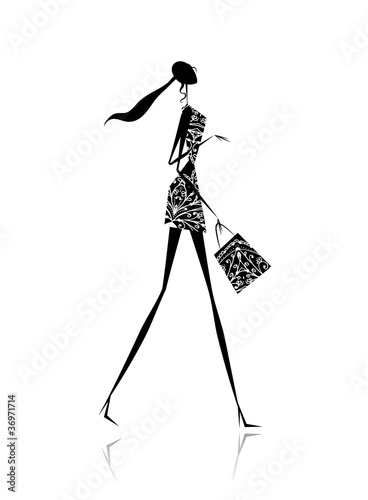 Fashion girl silhouette with shopping bag