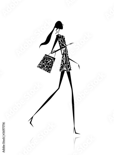 Fashion girl silhouette with shopping bag