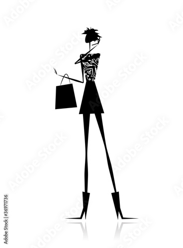 Fashion girl silhouette with shopping bag